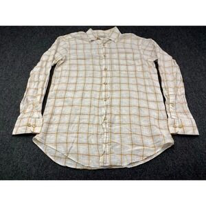 James Tattersall Button Down Mens Medium White Orange Plaid Linen Shirt 10465